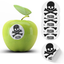 A green apple with a 'POISON' sticker featuring a skull and crossbones design, along with additional stickers shown both attached to the apple and separately. © Tigoli® 2026 All Rights Reserved Panda Loco Ltd 