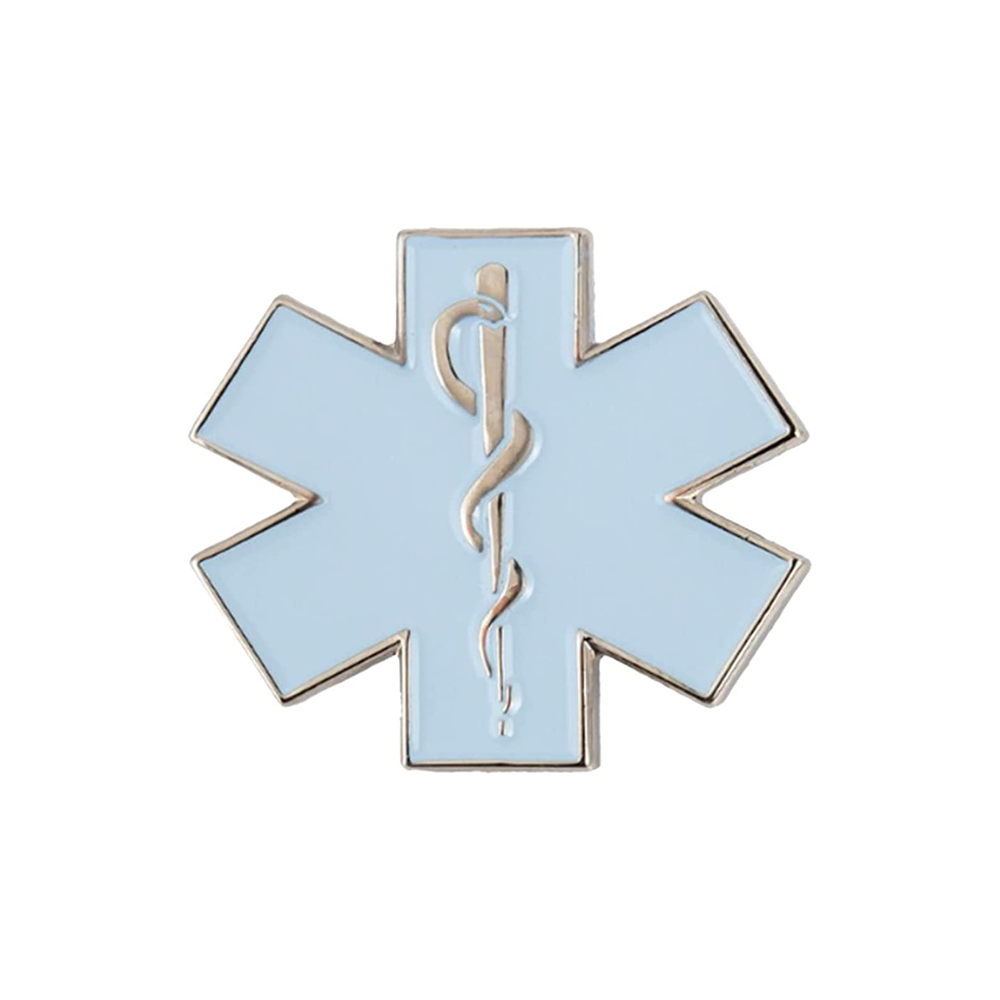 A blue enamel pin badge featuring a white medical snake design on a white background with a metallic border. © Tigoli® 2026 All Rights Reserved Panda Loco Ltd  Imagen principal del producto