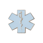 A blue enamel pin badge featuring a white medical snake design on a white background with a metallic border. © Tigoli® 2026 All Rights Reserved Panda Loco Ltd 