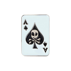 A pin badge featuring a black and white design of a skull inside a spade symbol, with the letter 'A' for ace. © Tigoli® 2026 All Rights Reserved Panda Loco Ltd 