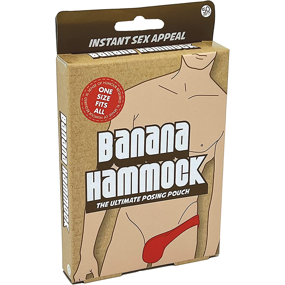 Packaging for 'Banana' Hammock Pants featuring a graphic of a man wearing the red pants with a humorous caption. © Tigoli® 2026 All Rights Reserved Panda Loco Ltd  Main image