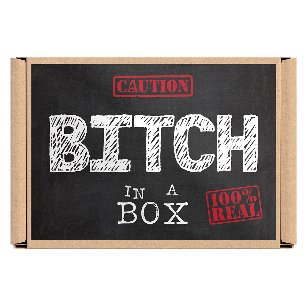 The image features a novelty gift product named "Bitch In a Box." It displays a simple yet striking design with bold, black text that reads "BITCH" in a large, capital letter, followed by "IN A 100% REAL BOX" in smaller text, emphasizing the product's authenticity. © Tigoli® 2026 All Rights Reserved Panda Loco Ltd  Imagen principal del producto