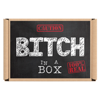 The image features a novelty gift product named "Bitch In a Box." It displays a simple yet striking design with bold, black text that reads "BITCH" in a large, capital letter, followed by "IN A 100% REAL BOX" in smaller text, emphasizing the product's authenticity. © Tigoli® 2026 All Rights Reserved Panda Loco Ltd 