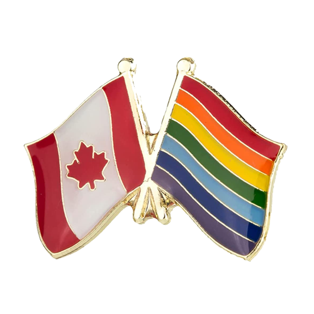 An enamel pin badge featuring the Canadian flag and a rainbow flag crossed together. © Tigoli® 2026 All Rights Reserved Panda Loco Ltd  Imagen principal del producto
