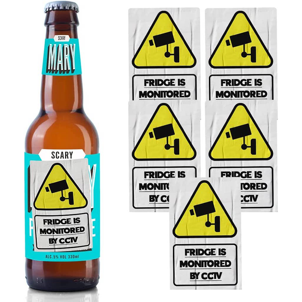 A collection of five 'Fridge Monitored By CCTV' stickers in a yellow and black color scheme, displayed next to a beer bottle labeled 'SCARY'. © Tigoli® 2026 All Rights Reserved Panda Loco Ltd  Imagen principal del producto