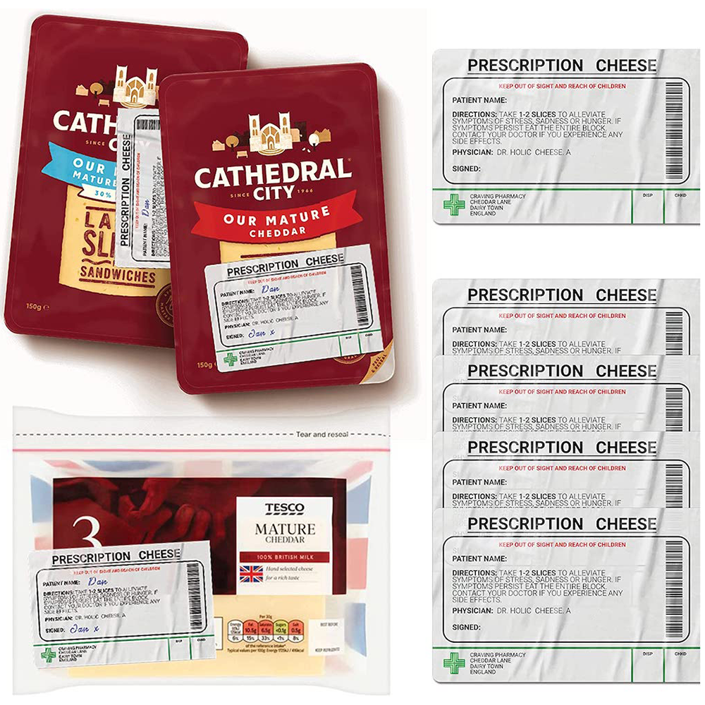 5 X  Prescription Cheese Label Gift Funny Prank Sticker