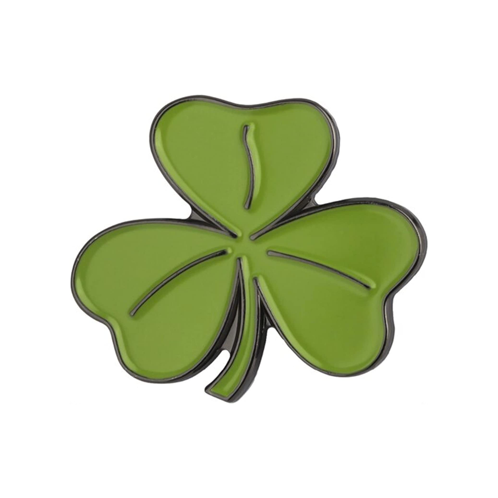 A green four-leaf clover pin badge with a black outline. © Tigoli® 2026 All Rights Reserved Panda Loco Ltd 