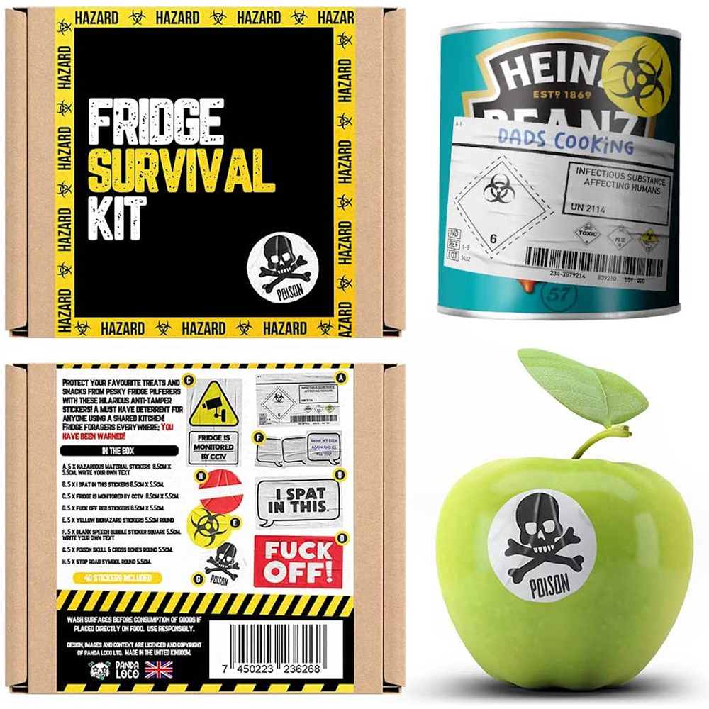 A novelty food sticker packaging with various humorous texts and symbols, including a skull and crossbones, and a canister of spray paint labeled 'HEINE BEER'. © Tigoli® 2026 All Rights Reserved Panda Loco Ltd  Imagen principal del producto