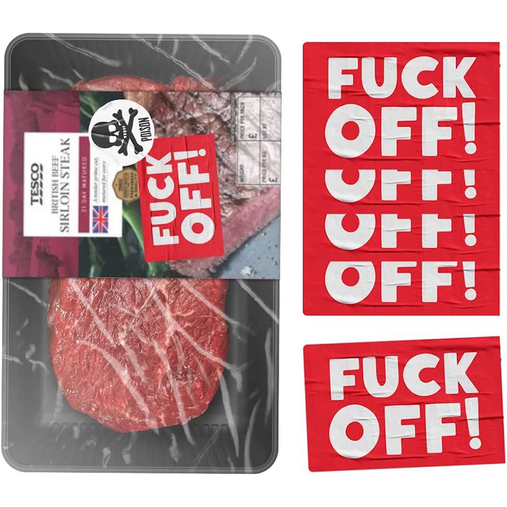 The image shows a pack of food stickers with the text 'FUCK OFF' in bold white letters on a red background. The stickers are shown both on a food item and separately.
© Tigoli® 2026 All Rights Reserved Panda Loco Ltd  Imagen principal del producto