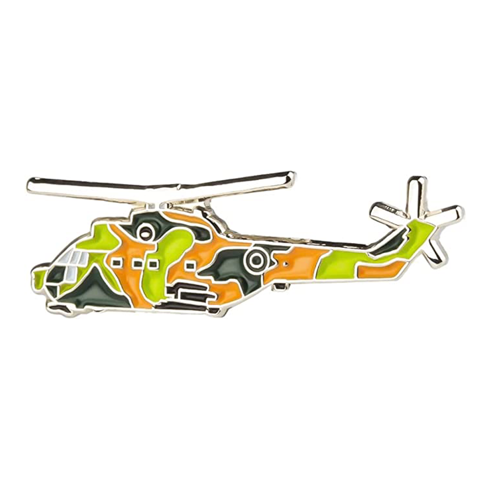 A pin badge featuring a colorful helicopter design on an orange background with a butterfly clutch at the back. © Tigoli® 2026 All Rights Reserved Panda Loco Ltd  Imagen principal del producto