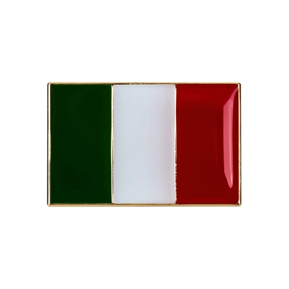 A rectangular pin badge featuring the colors of the Italian flag with a brass plated iron base. © Tigoli® 2026 All Rights Reserved Panda Loco Ltd 