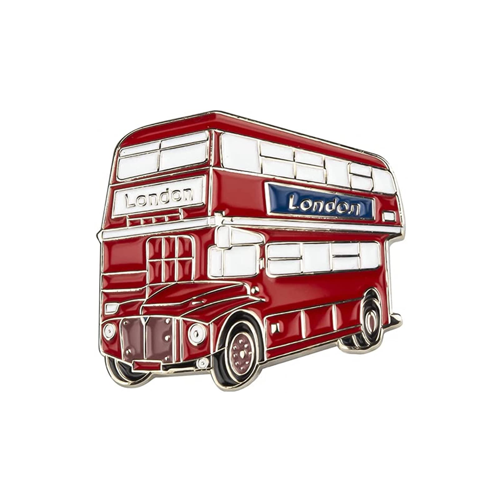 A pin badge depicting a red double-decker bus with 'London' text on it. © Tigoli® 2026 All Rights Reserved Panda Loco Ltd 