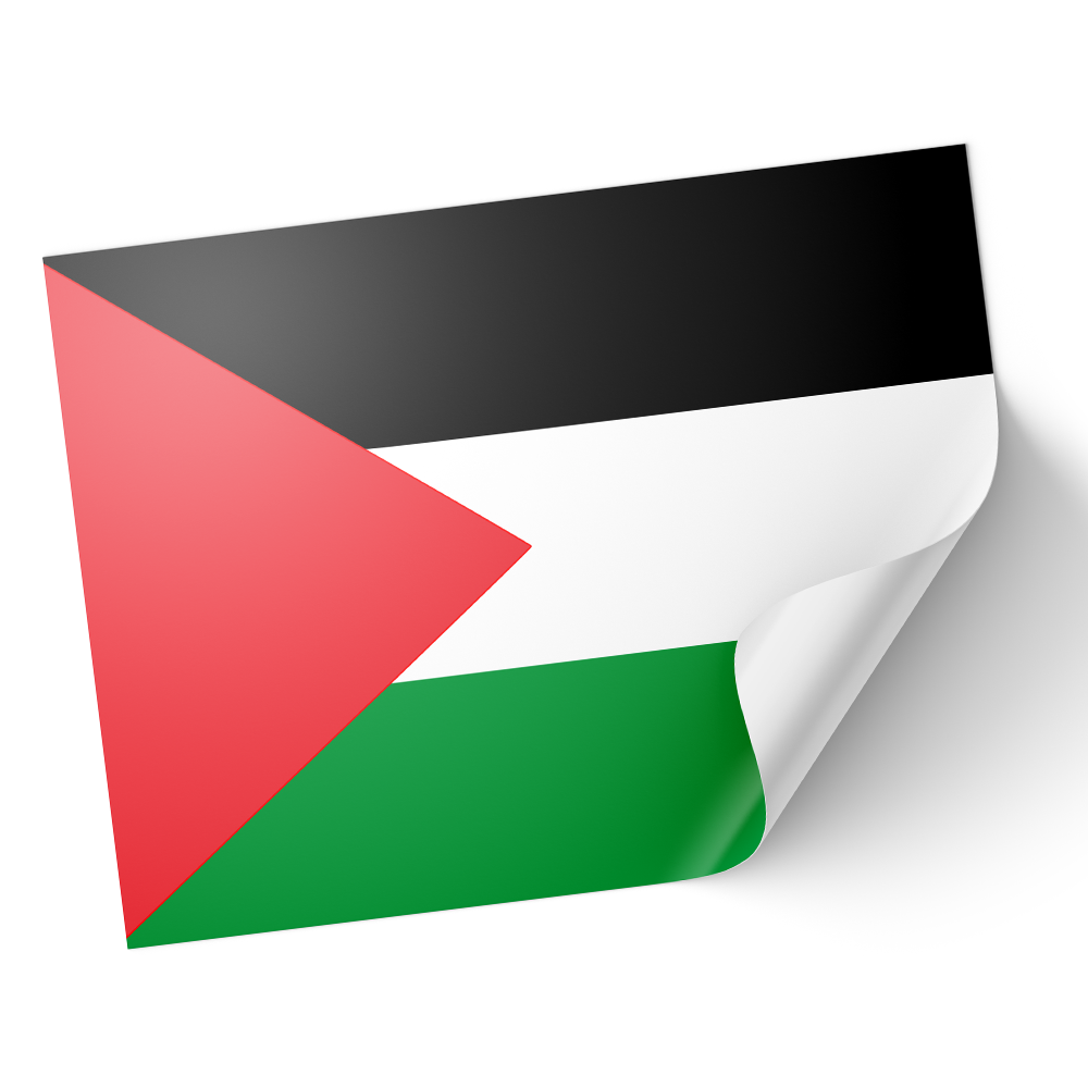 A sticker with the Palestinian flag colors, featuring a folded corner design, on a white background. © Tigoli® 2026 All Rights Reserved Panda Loco Ltd  Imagen principal del producto
