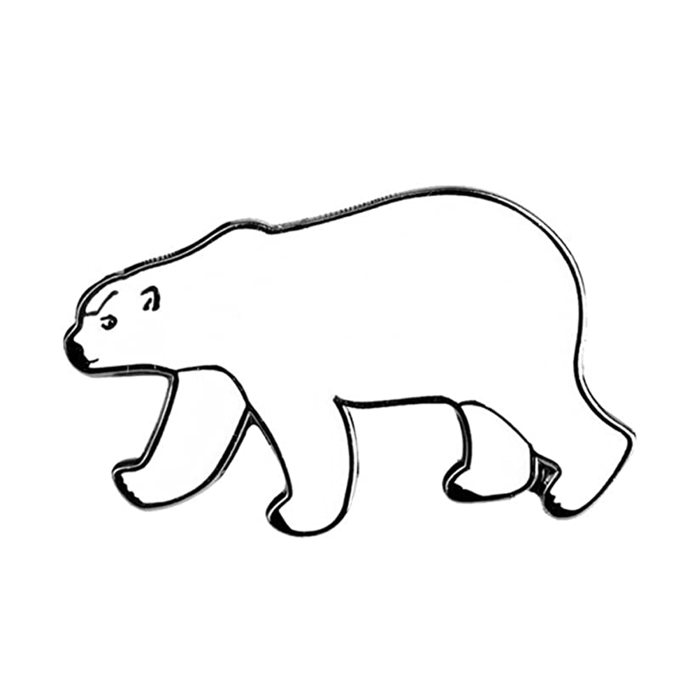 A pin badge depicting a stylized polar bear in black and white. © Tigoli® 2026 All Rights Reserved Panda Loco Ltd 