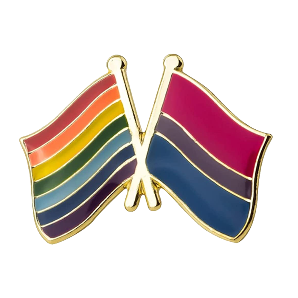 A hard enamel pin badge featuring a rainbow and bisexual pride flags, with a butterfly clutch for fastening. © Tigoli® 2026 All Rights Reserved Panda Loco Ltd  Imagen principal del producto