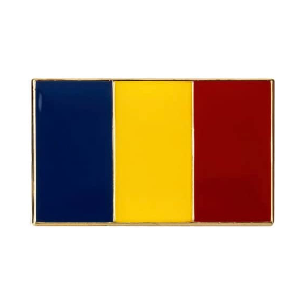 A rectangular enamel pin badge featuring the colors of the Romanian flag, with a blue background and a yellow and red stripe across the center. © Tigoli® 2026 All Rights Reserved Panda Loco Ltd 