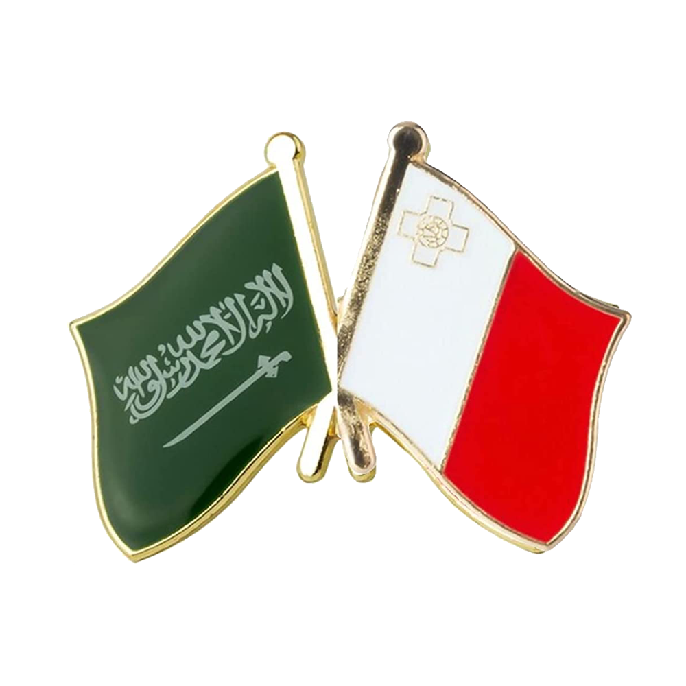 A friendship pin badge featuring the Saudi Arabian and Maltese flags, with a butterfly clutch. © Tigoli® 2026 All Rights Reserved Panda Loco Ltd 