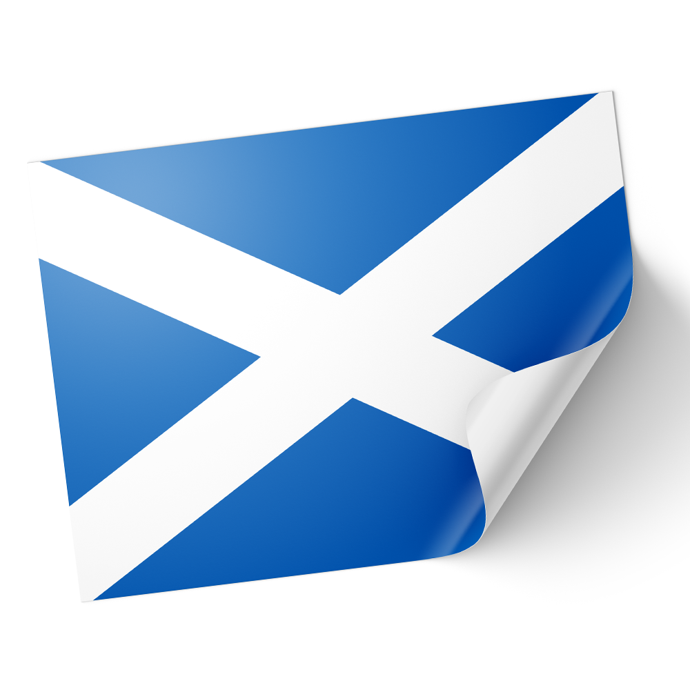 A sticker with the design of the Scotland flag, featuring a blue and white saltire on a corner peeled up to reveal a white background. © Tigoli® 2026 All Rights Reserved Panda Loco Ltd 