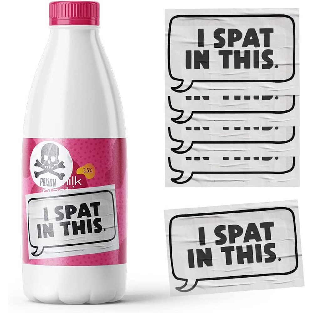 A collection of 'I Spat In This' stickers, with one sticker applied to a white bottle, and four additional stickers shown separately. © Tigoli® 2026 All Rights Reserved Panda Loco Ltd  Imagen principal del producto