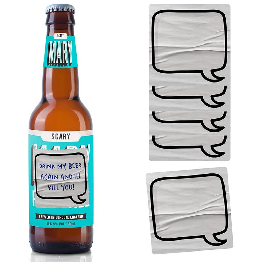 This image displays the "5 X Blank Speech Bubble Food Sticker" product, alongside two white square food stickers featuring blank speech bubble designs. © Tigoli® 2026 All Rights Reserved Panda Loco Ltd 