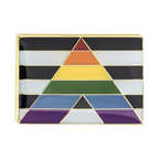A rectangular pin badge with a geometric design featuring the colors of the rainbow flag, with a gold-colored edge and a butterfly clutch at the back. © Tigoli® 2026 All Rights Reserved Panda Loco Ltd 