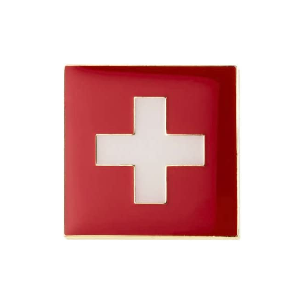 A red enamel pin badge shaped like the Swiss flag, with a white cross on it, attached to a brass plated metal butterfly clutch. © Tigoli® 2026 All Rights Reserved Panda Loco Ltd 