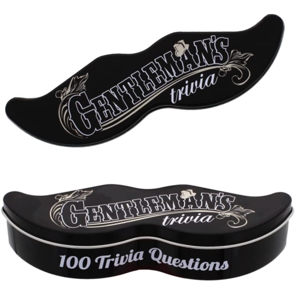 A black moustache-shaped tin gift with 'Gentleman's Trivia' text and 100 trivia questions printed on it, designed as a humorous stocking filler or party game. © Tigoli® 2026 All Rights Reserved Panda Loco Ltd 