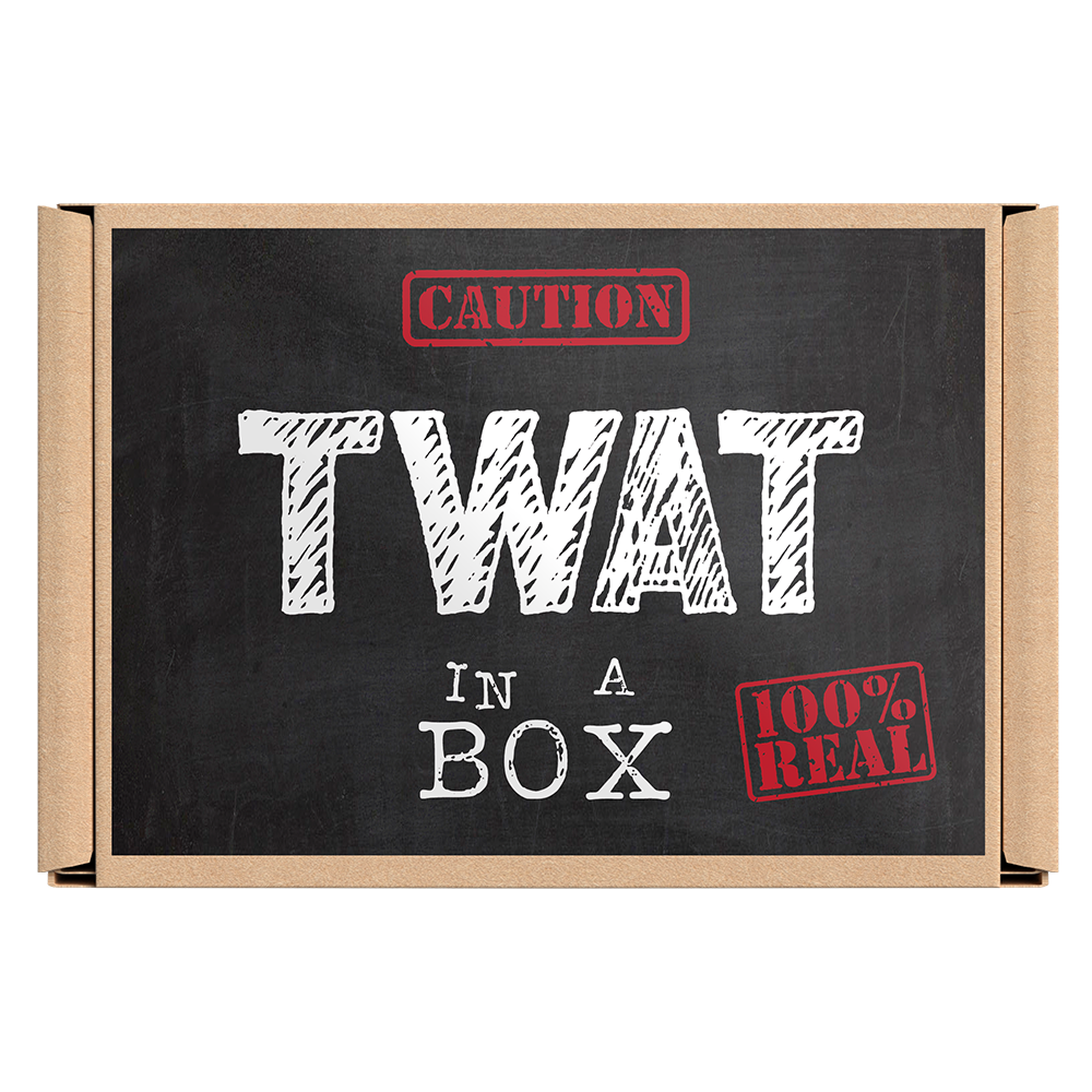 The image shows a cardboard box with the word 'TWAT' written on it in bold, black letters, accompanied by the text 'IN A 100% REAL BOX' and 'CAUTION: NOT FOR REAL LIFE USE'. © Tigoli® 2026 All Rights Reserved Panda Loco Ltd  Imagen principal del producto