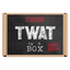 The image shows a cardboard box with the word 'TWAT' written on it in bold, black letters, accompanied by the text 'IN A 100% REAL BOX' and 'CAUTION: NOT FOR REAL LIFE USE'. © Tigoli® 2026 All Rights Reserved Panda Loco Ltd 