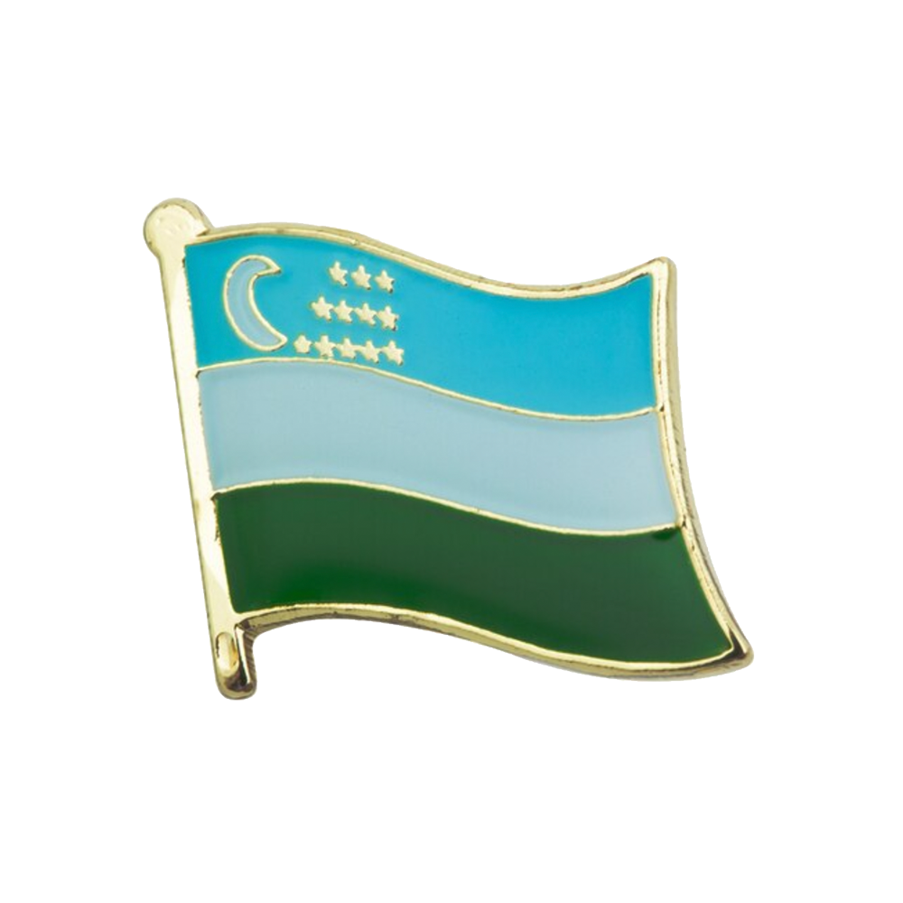 An enamel pin badge featuring the flag of Uzbekistan with a blue and green striped design and a gold-colored metal butterfly clutch. © Tigoli® 2026 All Rights Reserved Panda Loco Ltd 
