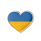 A pin badge featuring the Ukrainian flag colors in a heart shape with a brass plated iron base and a butterfly clutch. © Tigoli® 2026 All Rights Reserved Panda Loco Ltd 